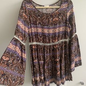 Paisley printed , flare sleeve mini dress